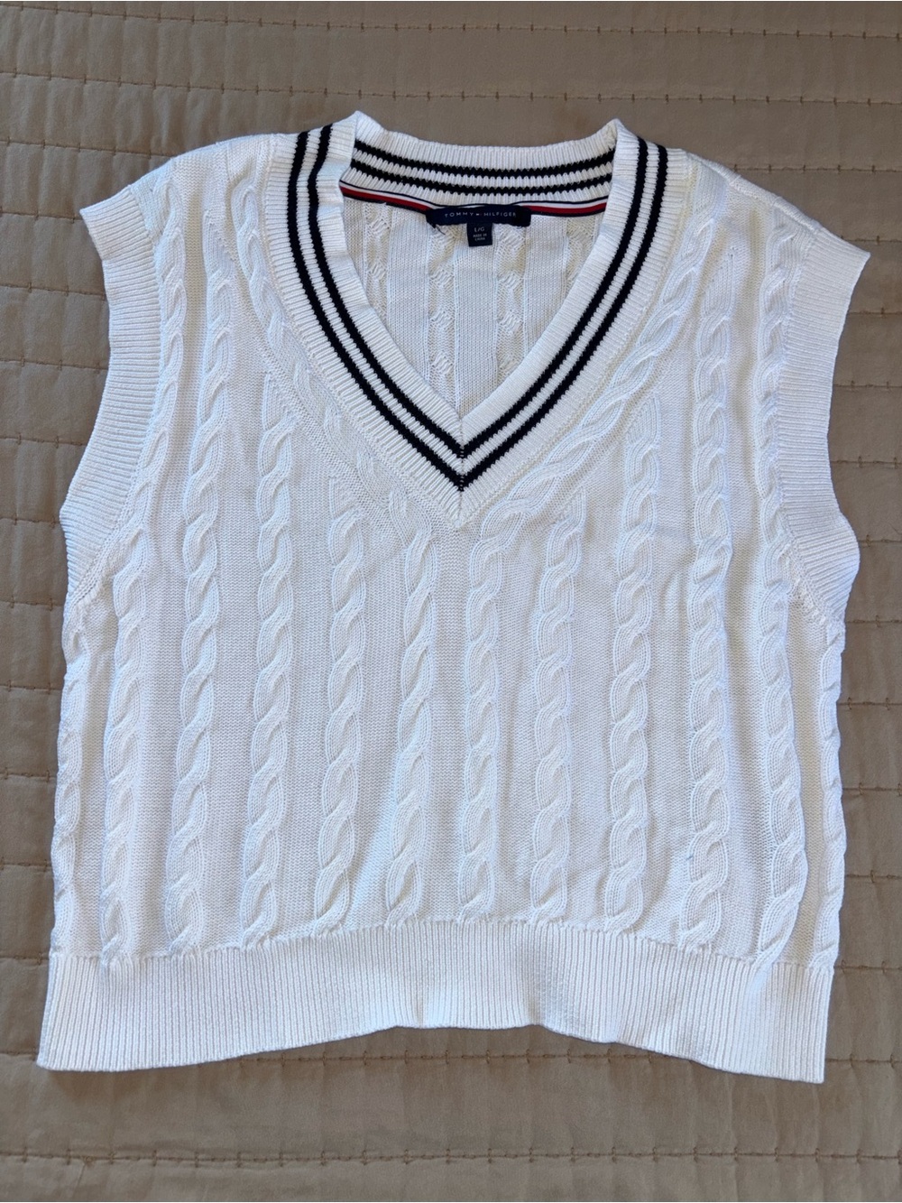 Tommy Hilfiger White Cable-Knit V-Neck Sweater Vest with Black Trim
